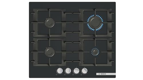 Bosch PNP6B6K40 Serie 4, Piano cottura a gas, 60 cm, Vetro temperato, Griglie ghisa lavabili in lavastoviglie, Nero, Serie 6, Nero Vetro