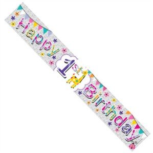 Kaleidoscope Age 1 Girl Foil Party Banner 1st Birthday - 1 Today Pink Lilac Giraffe