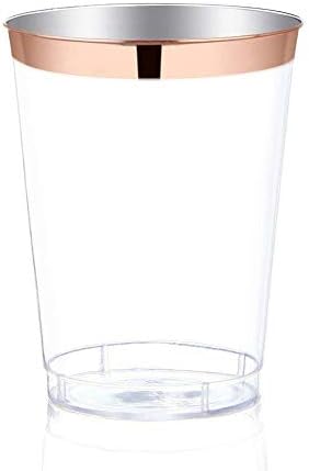 12oz Rose Gold Plastic Cups-100 pack | Clear Disposable Cups with Rose Gold Rim | Fancy Party Cups / Wedding Tumblers