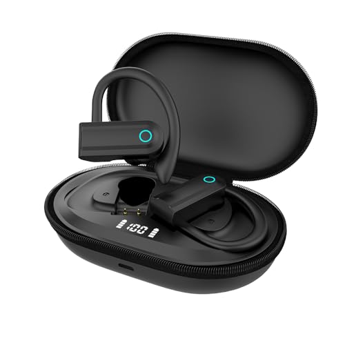 Fone de Ouvido com bateria de longa duração, Bluetooth Esportivo, Gancho de Orelha, com Microfone, Display Digital, Estojo de Carregamento, Preto