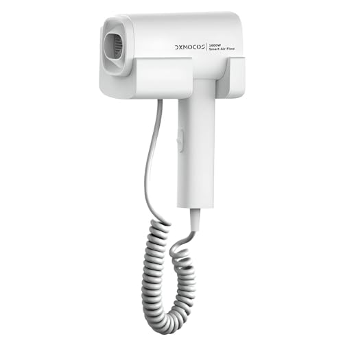 Dxmocos Professional Wall Mounted Hair Dryer – 1600W High-Speed Hotel Bathroom Hair Dryer for Men & Women with Spiral Cord, 3-Speed Settings, Low Noise, Overheat Protection (White)