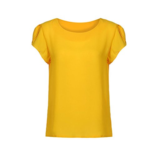 Respctful Women Summer Sexy O-Neck Chiffon Solid Blouse Tops Clothes T-Shirt with Tow Cute Short Sleeve (Yellow, XL)