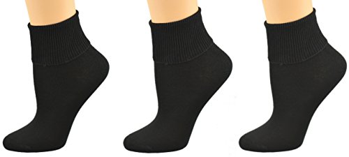 Sierra Socks Women's 3 Pair 100% Cotton Ankle Turn Cuff Seamless Toe (9, Black)