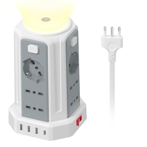 2 M Power Strip with Night Light 12 Universal Sockets 10/16A ITA and Schuko and 3 USB A+1 USB C Overvoltage Protection with 4 Independent Switches for Office, Home