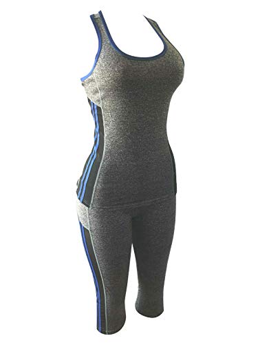 Women Gym Yoga Workout Activewear Set 2 Pieces Top+Leggings Set Sportswear (S/M = US 4-8, Mesh Blue/Grey)