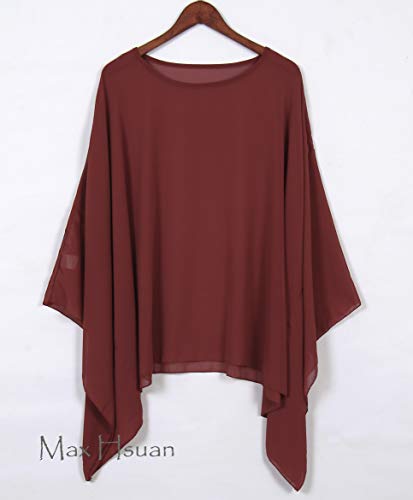 Max Hsuan Womens Summer Solid Sheer Batwing Blouse Chiffon Caftan Poncho Tunic Top Plus Size Cover up Burgundy