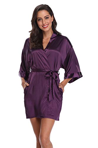 Women's Silky Bride Bridesmaid Kimono Robes Short Wedding Party Getting Ready Robe Dressing Gown with Gold Glitter, Bridesmaid DeepPurple L - Thumbnail 3