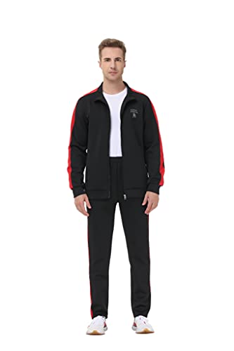 November's Chopin Men's Big & Tall Athletic Sports Tracksuits Causal Full Zip Loose Fit Sweatsuit (Black Red, X-Large)