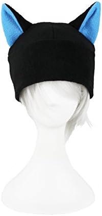 Black Fleece Cat Beanie Hat One Size (Black with Blue Ears) Anime Neko Cosplay Costume