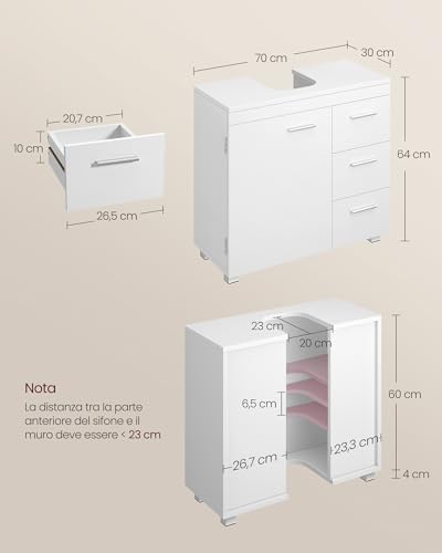 Mobile Sottolavabo per Bagno, Mobiletto da Bagno, 3 Cassetti Laterali, 2 Scomparti dietro l'Anta, per Lavabi con Colonna, con Piedini, 30 x 70 x 64 cm, Bianco Nuvola BBK504W01