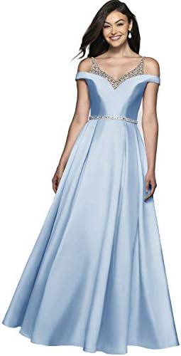 YGSY Women's Cold Shoulder V Neck Pleated Satin A-line Evening Prom Dress Long Formal Party Gown with Beaded Bodice