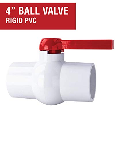 4" Inline PVC Ball Valve, 4 Inch Single Handle Shut-Off Valves, Slip Solvent Schedule 40 Pipe Connector, PDM Seal Schedule 40 End, White Polyvinyl Chloride Piping for Sewer Swimming Pool Irrigation