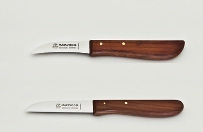 2 x Marsvogel Solingen kitchen knives, stainless steel, 1 straight, 1 x curved blade, cherry wood handle