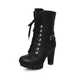 WeenFashion Women's Solid High Heels Closed Toe Anti-skidding Bottom Boots with Lace-up