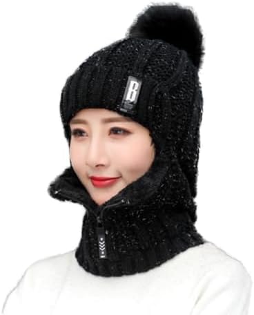 Women\'s Winter Warm Black Beanie Fleece Lined Skull Faux Fur Pom Cuff Hat Cap Womens Winter Beanie Hat Fleece Lined Warm Skull Cap with  main image 2