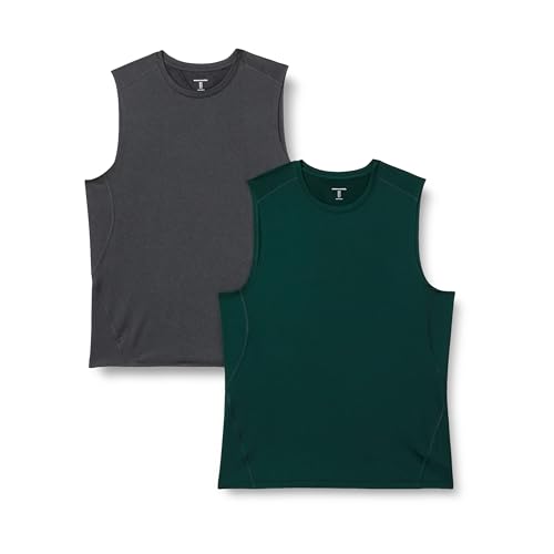 Amazon Essentials Chemise Moulante Stretch sans Manches Légère Active Quick Dry Homme, Lot de 2, Gris Graphite Chiné/Vert Foncé, S