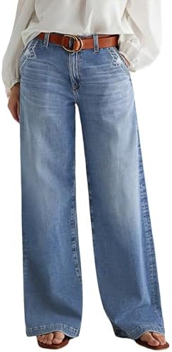 Flamingals Wide Leg Jeans for Women Mid Waist Baggy Stitch Decor