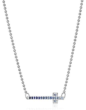 Little Elements Sterling Silver Side Cross with Swarovski Genuine Sapphires Pendant Necklaces