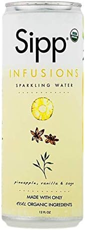 Sipp Sparkling Organic Pineapple Breeze Infusions Sparkling Water | Refreshing Pineapple, Vanilla & Sage Flavor | Organic Fruit & Herb Ingredients | Low Sugar, Low Calorie | 12 Oz Cans| Pack of 6