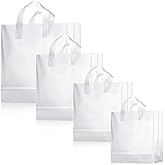 Weewooday 100 Pcs Frosted Plastic Gift Bags with Handles for Small Business Clear Shopping Bags with Cardboard Bottom,4 Sizes(Clear)