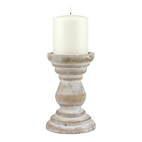 Stonebriar Antique White Wooden Pillar Candle Holder, Vintage Seaside