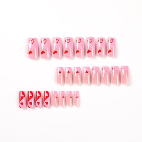 Coffin Press on Nails Medium Fake Nails Pink French Tip False Nails with Red Heart Design Glue on Nails Glossy Acrylic Nails for Women Manicure 24Pcs - Image 4