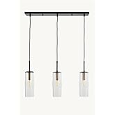 Kenroy Home Caulford Collection Ribbed Glass 3-Light Black Metal Island Pendant for Kitchen or Dining Room