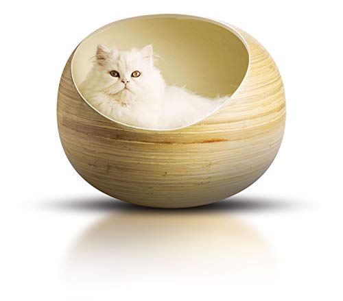 Fhasso Stylish Igloo Cat Cave Bed – Luxury Bamboo Cat Beds – Deluxe Handmade Natural Bed – Eco-Friendly Pods – Washable Cushioned Nest, Prestige Kitten Cozy House, Premium Home Decor Furniture – Milk