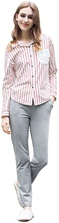 QIANXIU Stripes Long Sleeve Sleepwear for Women Pajama Sets Loose Casual Nightdress Nightwear
