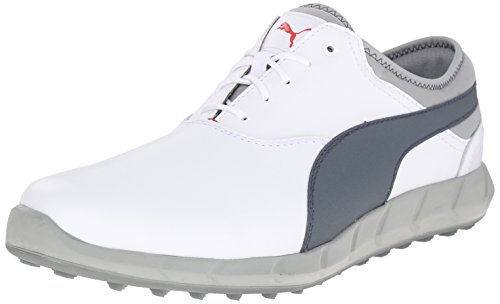 PUMA Men's Ignite Spikeless Golf Shoe, White/Turbulence/High Risk Red, 8.5 M US