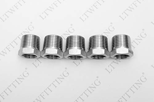 LTWFITTING Bar Production Stainless Steel 316 Pipe Hex Bushing Reducer Fittings 3/8" Male x 1/4" Female NPT Fuel Water Boat (Pack of 5)