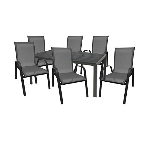 Mojawo Hochwertige Gartengarnitur 7-teilig Gartentisch 150x90cm Anthrazit Polywood Grau + 6 Stapelstühle Textilen…