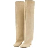 Wnshonzy Knee High Boots for Women Faux Suede Wide Calf Square Toe Tall Stiletto Kitten High Heels Thigh Long Fall Boot Pull