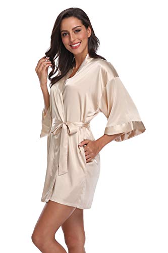 Women's Silky Bride Bridesmaid Kimono Robes Short Wedding Party Getting Ready Robe Dressing Gown with Gold Glitter, Bridesmaid Champagne M
