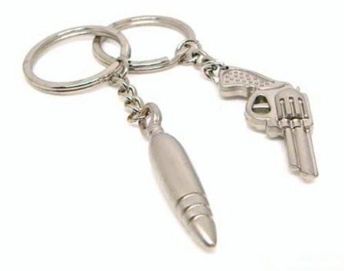 4EVER Cool Stainless Alloy Metal Silver Bullet & Gun Couple Keychain Gift Boxed Weapon Sweetheart Pendant Lovers Key Ring Key Chain Best for Romantic Valentine s Day Wedding Anniversary (A Pair)