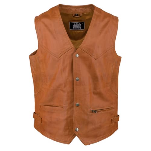 URBAN 5884 Billie Vera Biker Style Motorbike Leather Comfortable and Comfortable Motorcycle Vest with Button Closure for Men, cognac, 5XL