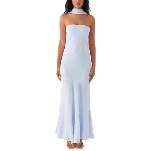 Womens Floral Strapless Dress Y2k Backless with Scarf Tube Maxi Long Dresses Sexy Mesh Bodycon Summer Beachwear (US, Alpha, Small, Regular, Regular, Solid Blue) at Amazon