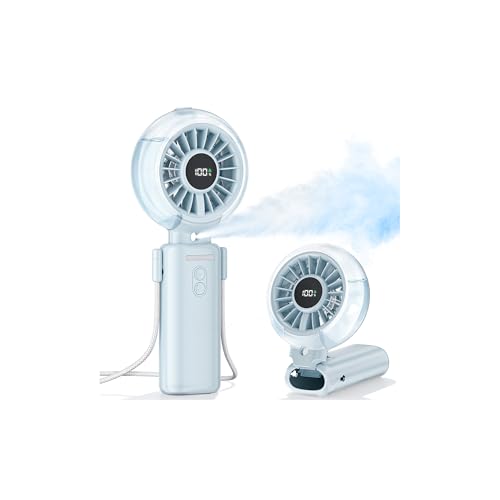 Kssvzz HandHeld Misting Fan Portable - 100 Speeds Electric Hand Held USB Rechargeable Cooling Fans with Mist, 6000mAh Battery Personal Small Mini Foldable Desk Desktop Fan for Travel Outdoor (Blue)