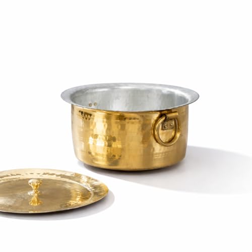 P•TAL Pure Brass Patila Cooking Pot with Lid (3-Quart / 3L) - 100% Authentic Handcrafted Hammered Heavy Bottom Handi | Traditional Indian Tapeli Bhagona Saucepot | 10 x 10 x 5 Inches - Used condition - US$142.44