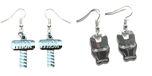 Thor Hammer and Silver Ironman Mask Dangle Earrings w/Gift Box