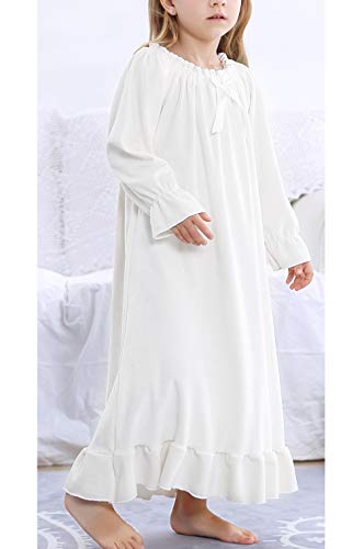 PUFSUNJJ Girls Princess Nightgown,Winter Long Sleeve Flannel Nightdress Pajamas Dress Kids 3-12 Years Offwhite