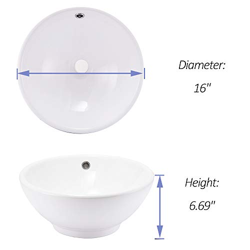 VCCUCINE Modern 16" Bathroom Porcelain White Round Ceramic Vessel Sink, Countertop Sink for Lavatory Vanity Cabinet