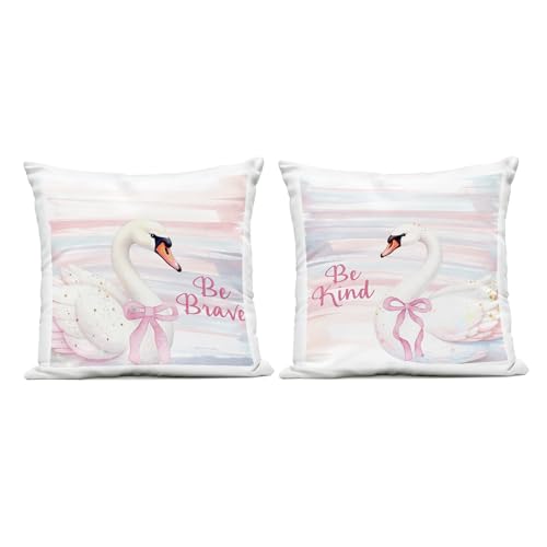 Stupell Industries - Be Brave & Kind Pastel Swan 2pc Outdoor Pillow Set, 18 x 1…