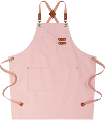 AFUN Chef Aprons for Women Men with Large Pockets, Cotton Canvas Cross Back Water Repellent Work Apron, Size M to XXL (Light Pink)