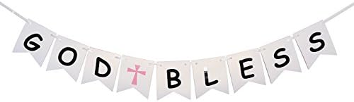 God Bless Banner Baptism Christening First Communion Baby Shower Holy Religious Bunting Garland Party Supplies (Pink)