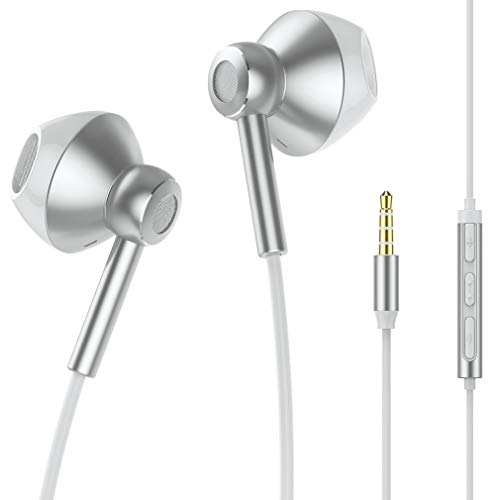 Linklike Quad Dynamic Driver Hi-Res Extra Bass Earbuds Headphones Wired Earbuds with Microphone, Lightweight Earphones with Volume Control 3.5mm Jack, in-Ear Headphones (Silver/White)