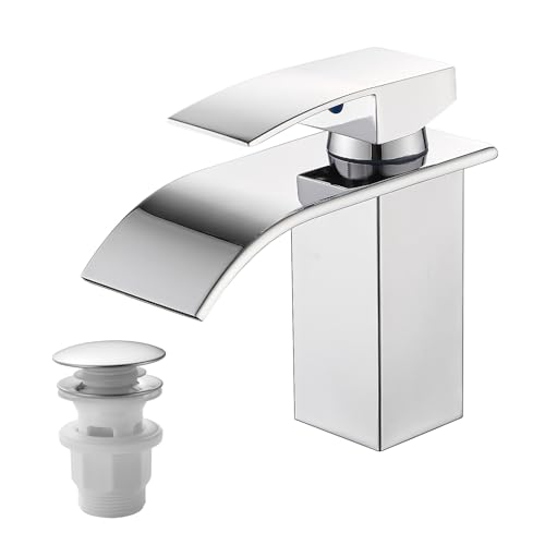 Vuadzren Bathroom Faucet with Drain Set, Waterfall Mixer Tap for Washbasin, Single Lever Bathroom Tap with Connection Hose G3/8 for Guest Toilet (Drain Height 80 mm, Chrome)