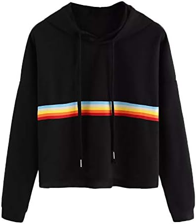 Zerototens women tops,Teenagers Girls Long Sleeve Hoodie Sweatshirt Rainbow Patchwork O Neck Pullover Sweater Coat with Drawstring Autumn Winter Short Crop Tee Shirt
