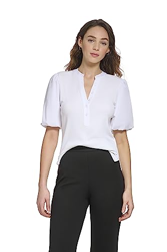 DKNY Maglietta a Maniche Corte Mixed Media Top T-Shirt, Bianco, M Donna