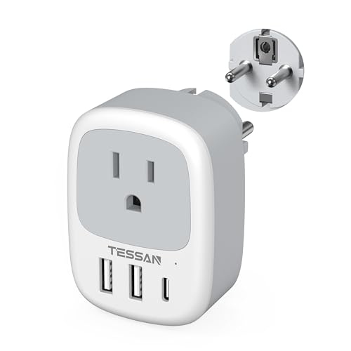 Photo 1 of Type E F Plug Adapter USB C, TESSAN Germany France Power Adaptor, Schuko Outlet with 3 USB Ports, Travel Plug for US to Europe EU Spain Iceland Korea Greece Russia German French